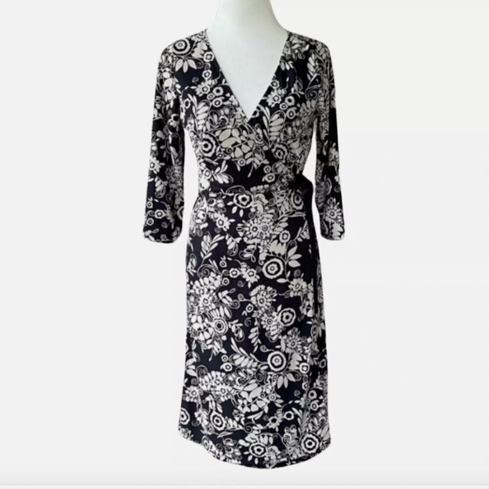 LOFT Dark Floral Print Navy + Cream True Wrap Midi Dress - Size 0